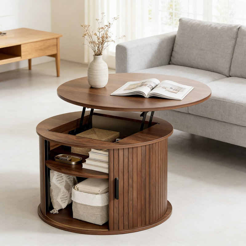 Table basse ronde à plateau relevable avec porte à tambour cannelée et rangement caché, table d'appoint tambour multifonctionnelle avec tablettes ouvertes pour le salon