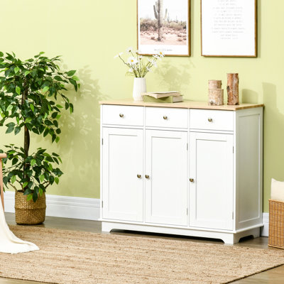 Buffet de rangement Modern Kitchen - blanc avec comptoir en bois massif, 3 tiroirs, portes, tablette réglable pour une présentation pratique,