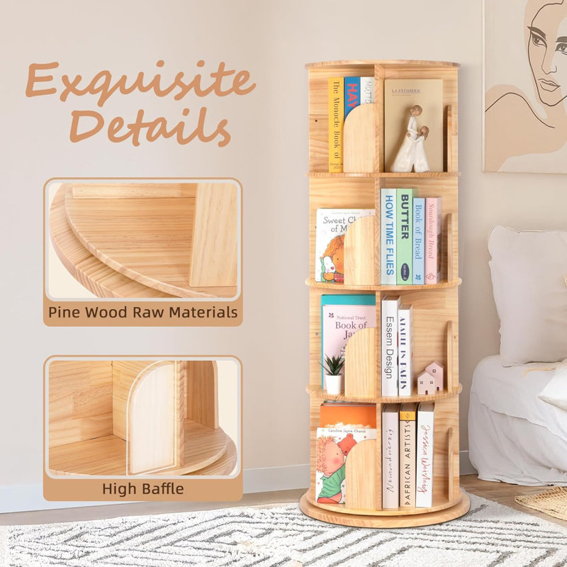 360° Display 4 Tier Thick Solid Wood Rotating Bookshelf