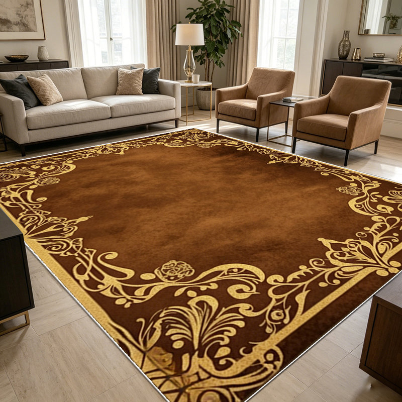1PC Vintage Baroque Gold Filigree Brown Distressed area rugs for Living Room, Soft and Comfortable, Suitable for all seasons, easy-to-maintain, machine washable Indoor floor mat, Under Table Farmhouse suitable for dining room, bedroom, kitchen,