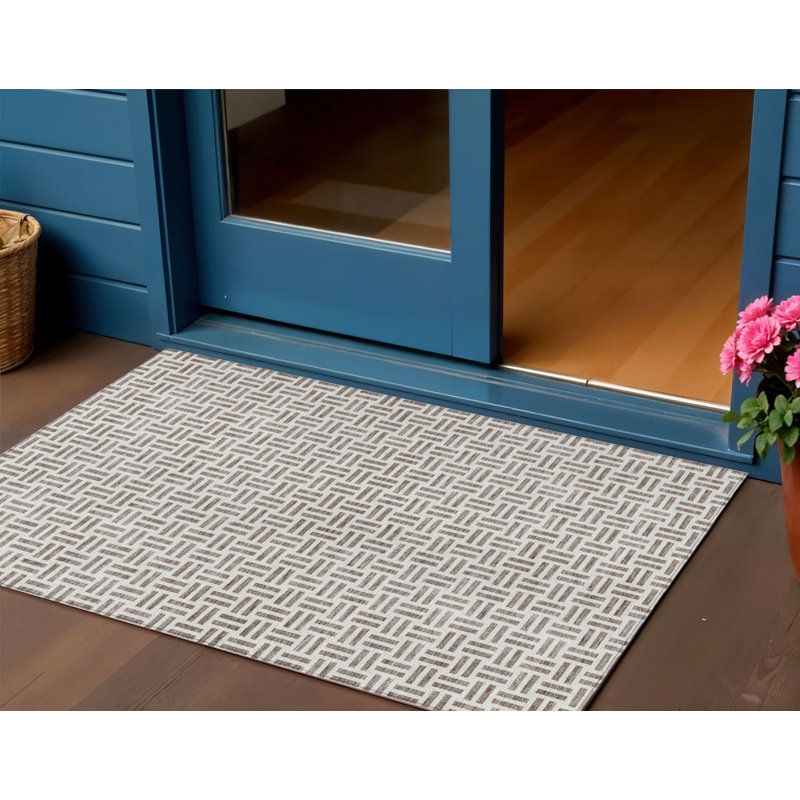 3' X 5' Taupe And Ivory Geometric Washable Indoor Outdoor Area Rug