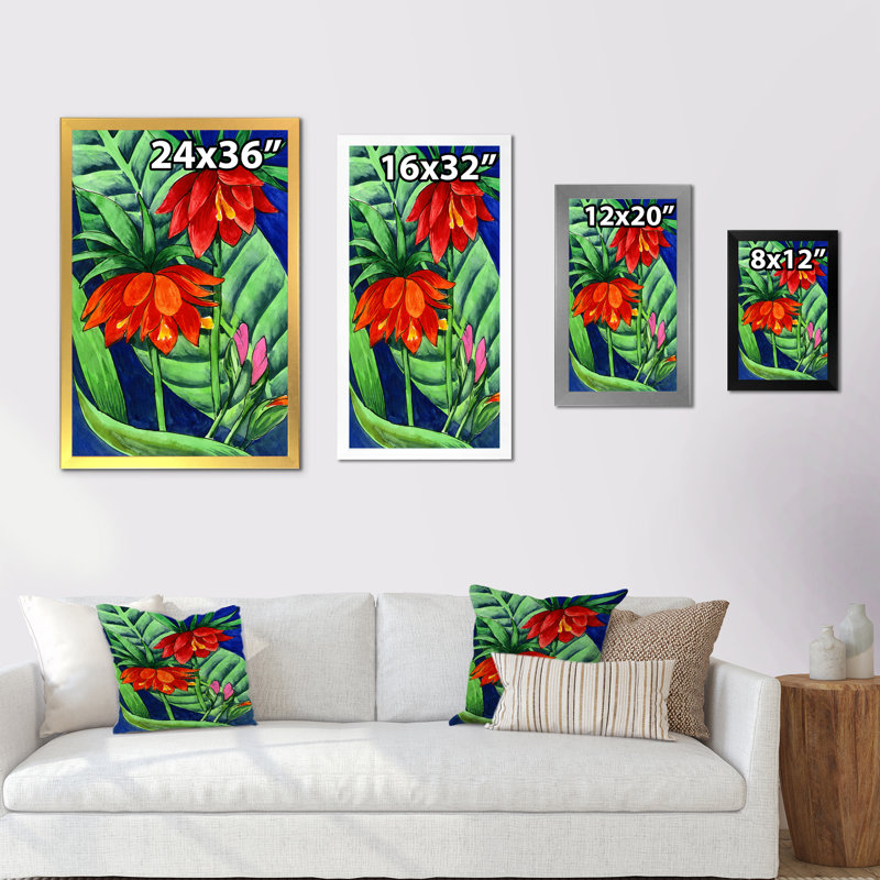 Aquarelle de fleurs rouges tropicales - peinture, H 20 po x l 12 po, Cadre photo noir