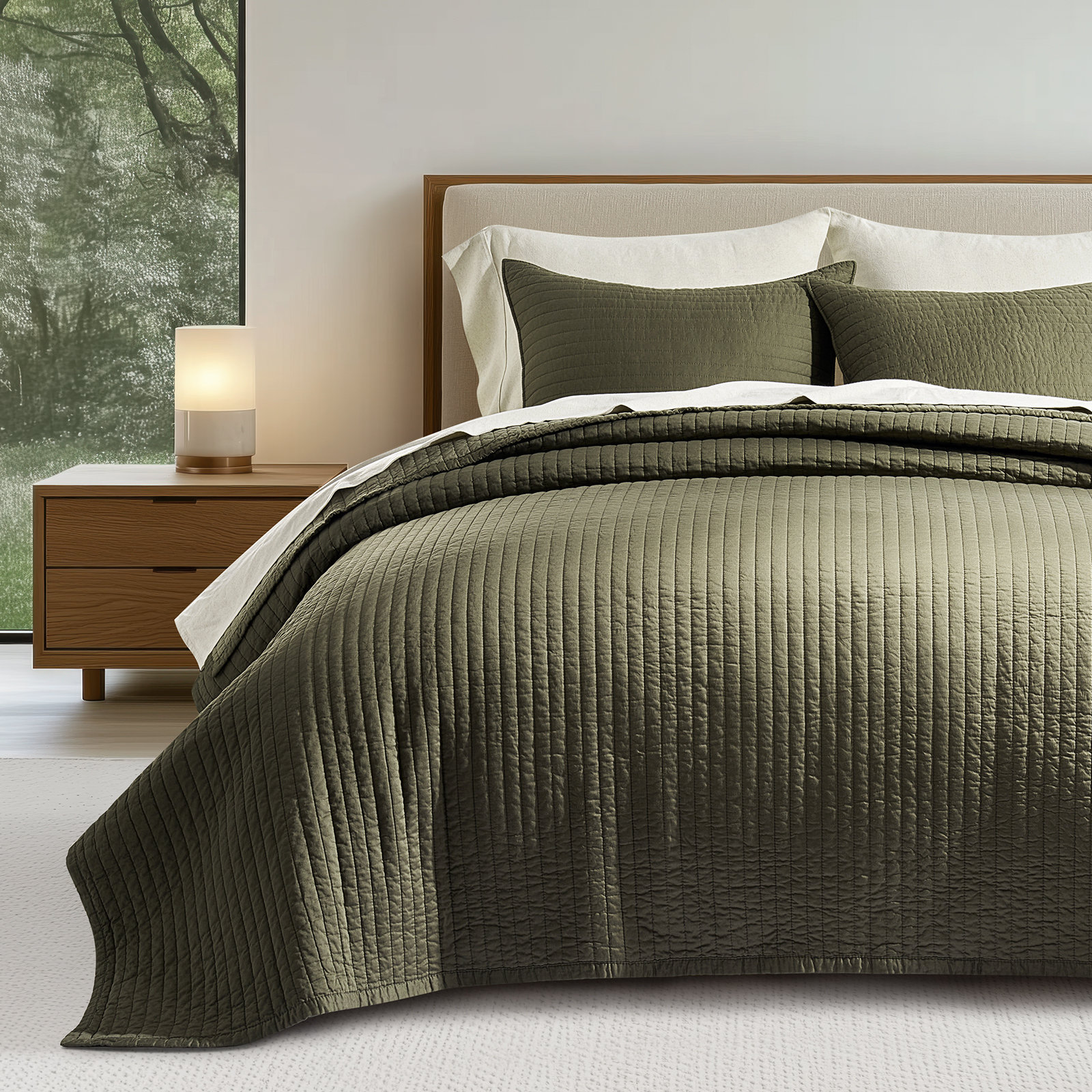 Cotton Sateen Quilt Set, Queen Quilt + 2 Queen Shams, Olive Green
