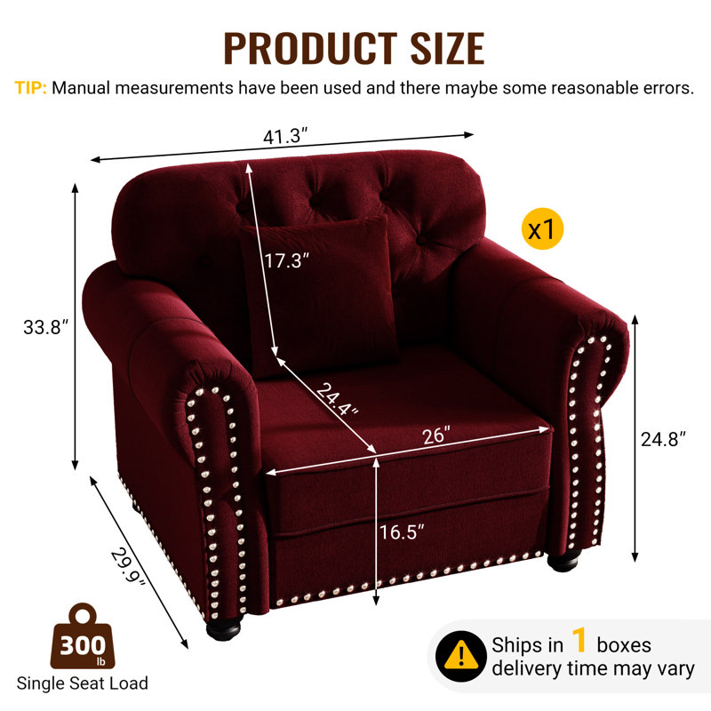 Canapé Chesterfield de 41,3 po en velours avec garniture cloutée et accoudoirs roulés, canapé de style Mid-Century moderne capitonné, comprenant 1 oreiller