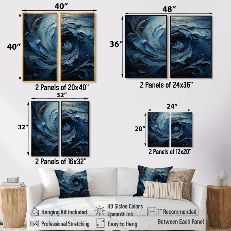 Ensemble de 2 décorations murales bleues et blanches en spirale - Tachisme abstrait, H 36 po x l 48 po, Noir