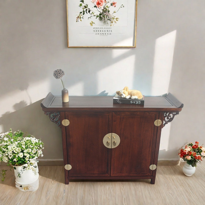 Solid  Camphor Wood Entryway Cabinet, Dark Brown Wood