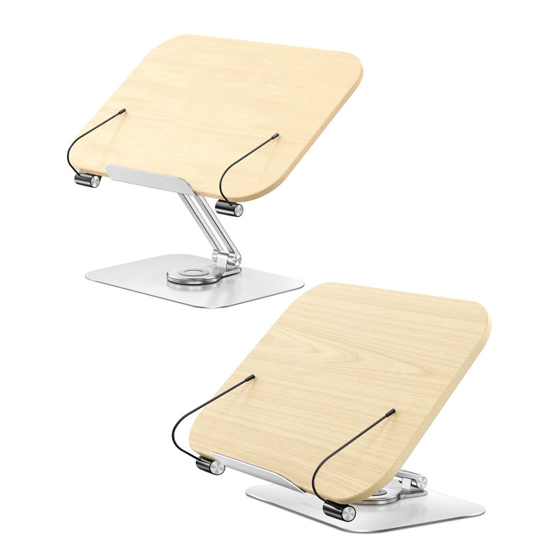 Book Stand For Reading, Adjustable Holder With 360° Rotating Base & Page Clips, Foldable Desktop Ricer For Cookbook,Sheet Music,Laptop,Recipe,Textbook,Hands Free,Wood,Aluminium