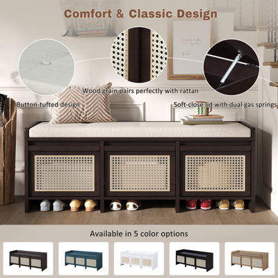 Banc de rangement pour chaussures de 48 pouces avec tiroirs en rotin et coussin capitonné - finition espresso