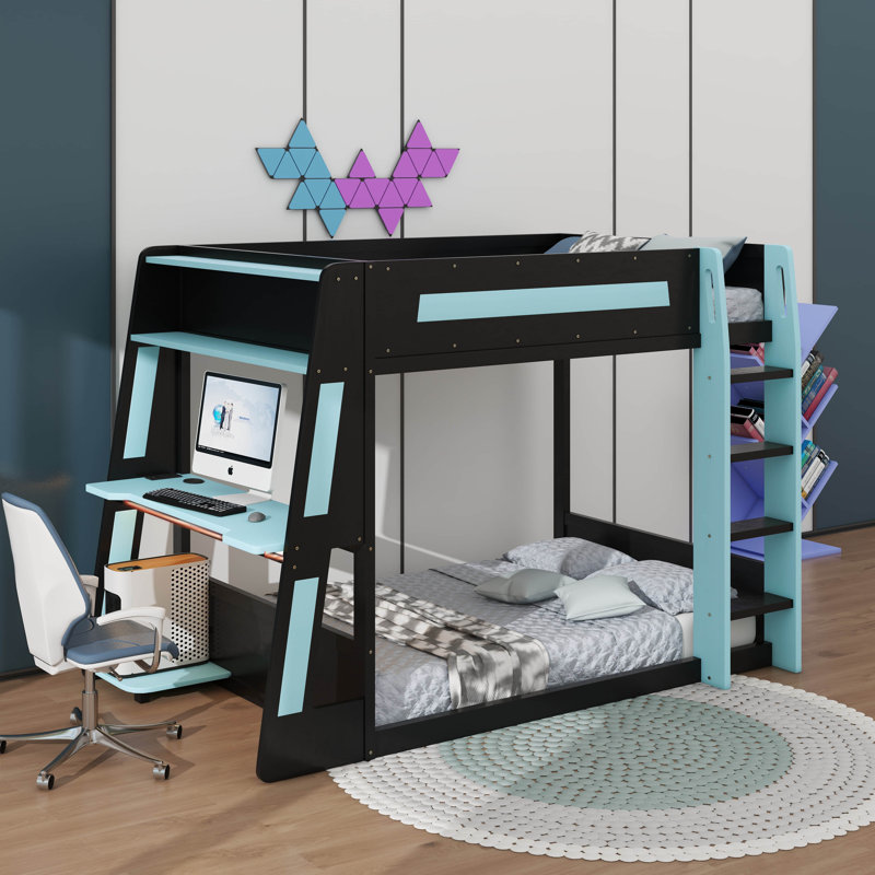 Lit simple superposé en bois avec bureau, deux tablettes de rangement, USB et lumière DEL, Lit superposé simple sur simple