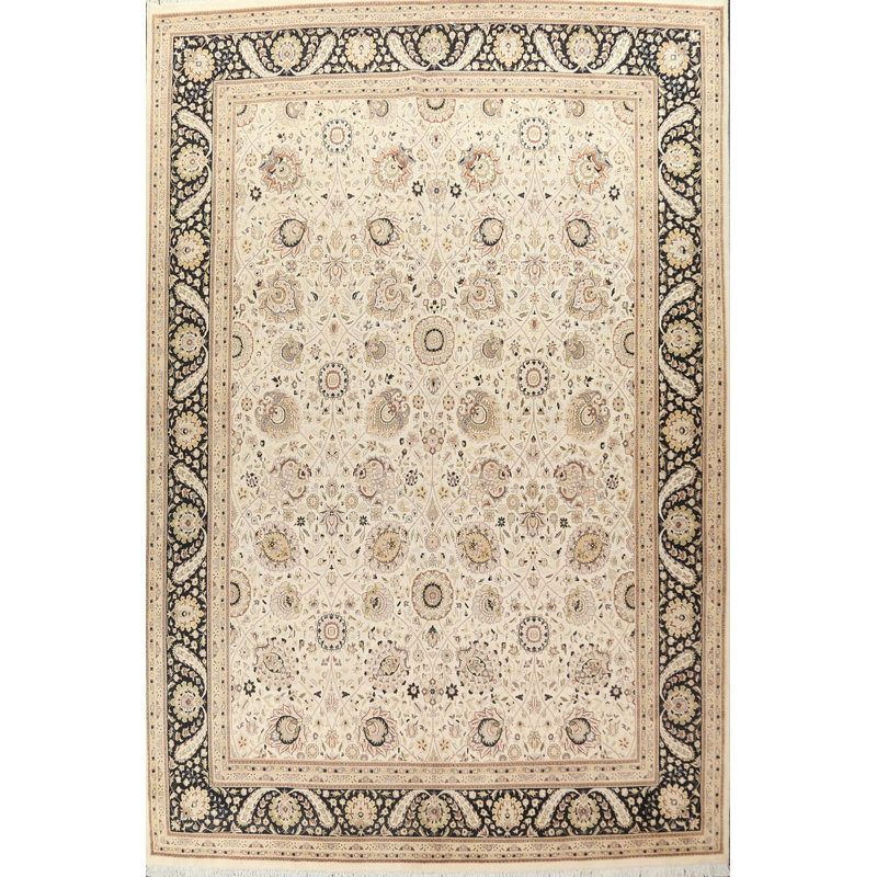 Tapis beige en laine noué à la main de conception unique 9 pi 10 po x 13 pi 11 po Aubusson