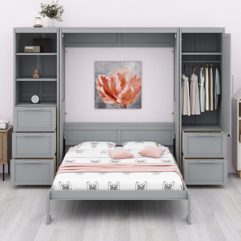 Lit escamotable Murphy avec placard, tiroirs et tablettes, Gris