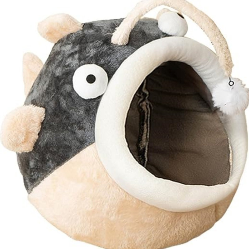Mignon campagnard en forme de poisson Jackey, petit nid de chat fermé et moelleux, animal de compagnie intérieur et apaisant pour petits et grands chiens