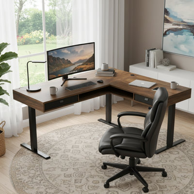 63" X 55" Electric L-Shaped Standing Desk, Height Adjustable Corner Desk With 2 Under Desk Drawers & Open Storage, Sit-Stand Desk With Power Strip Tra