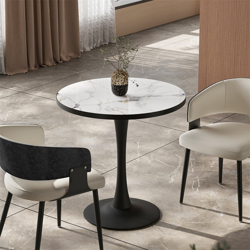 Table de salle à manger ronde de 76 cm (30 po) en pierre frittée avec pied central, table de cuisine moderne pour petits espaces (2 à 4 personnes).