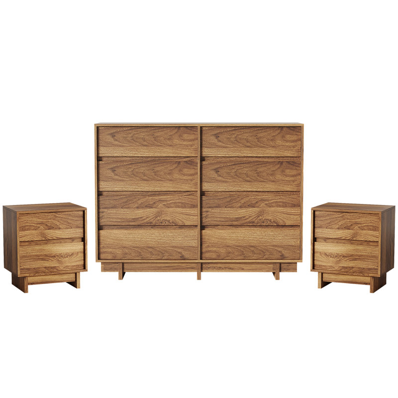 Ensemble de chambre à coucher 3 pièces, commode 8 tiroirs et 2 tables de chevet, noyer
