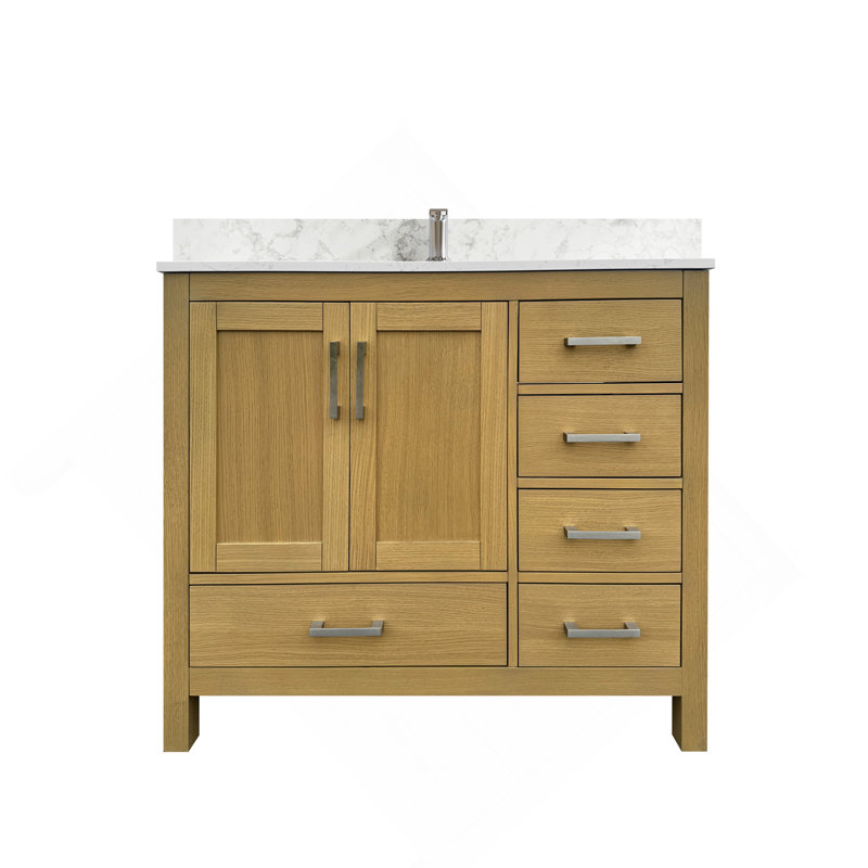 Meuble-lavabo 42 po avec lavabo et trou pour robinet, meuble-lavabo avec 2 portes et 5 tiroirs en chêne