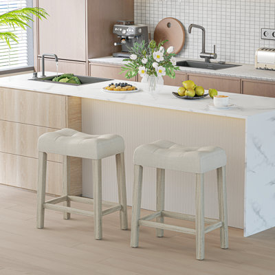 24'' Bar Stools Set of 2 w/ Footrest Rubber Wood Frame for Kitchen Island