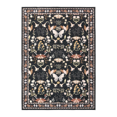 Washable Area Rug, Non-Slip Low Pile Rug with Butterfly Floral, Stain Resistance Carpet for Living Room, Bedroom, Dining Room