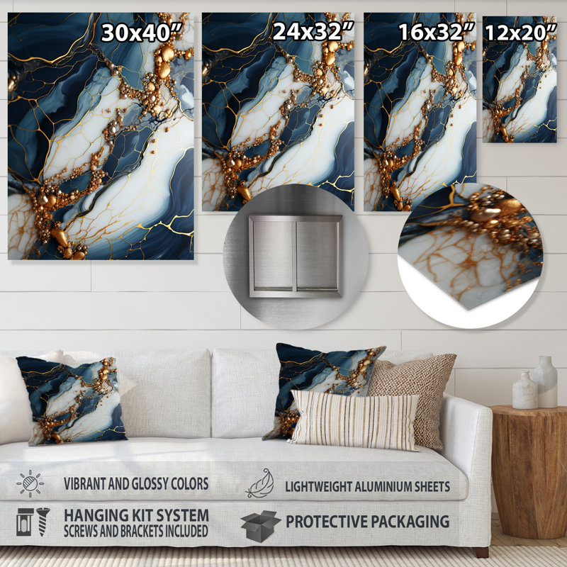 Art mural doré et bleu Geode III - encre liquide abstraite, H 40 po x l 30 po x P 1,5 po
