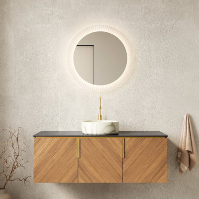 Floating 48" Bathroom Vanity With 3 - Door Cabinet, Black Stone Top, White Ceramic Basin, Brown Oak Wood, Water , Easy To Assemble Sintered Countertop, , Plywood, Smooth Closing