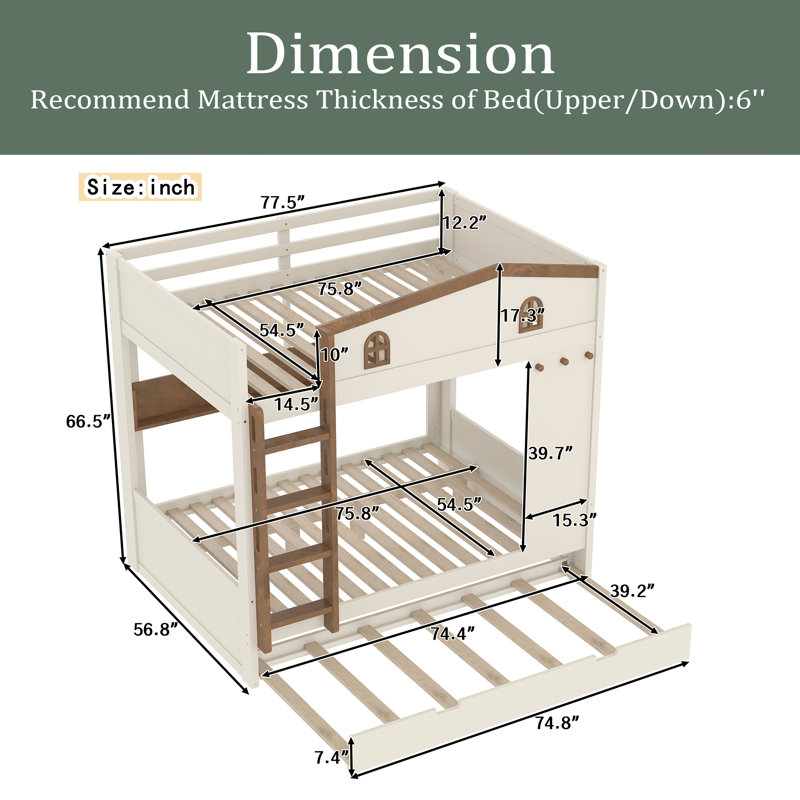 Bunk Bed With Trundle And Storage Shelves, Solid Wood Bunk Beds With Hooks, No Box Spring Needed, Full Over Full