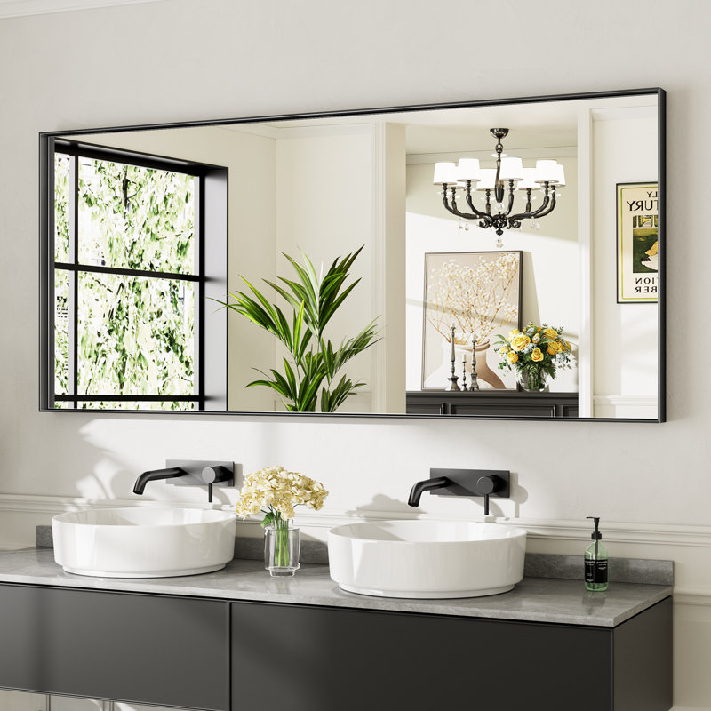 Miroirs de salle de bain rectangulaires / carrés modernes et contemporains en aluminium noir mat avec verre trempé HD