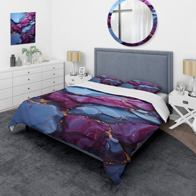 Ensemble de housse de couette bleu et mauve sans soudure Marble Volcano II - Abstract Modern Shapes
