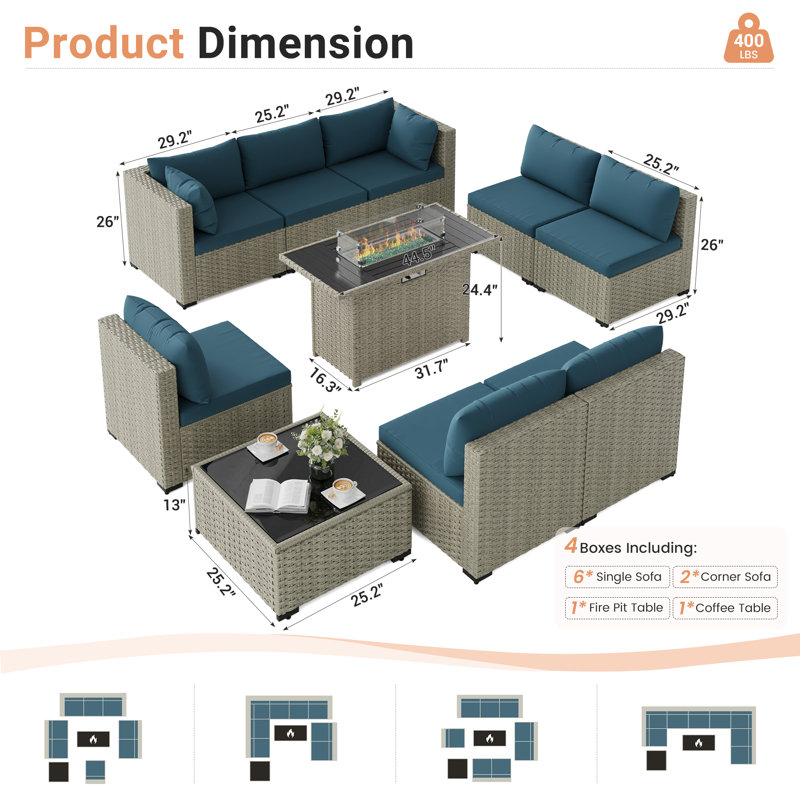 Ensemble de conversation 9 pièces pour patio en rotin avec foyer, Bleu paon