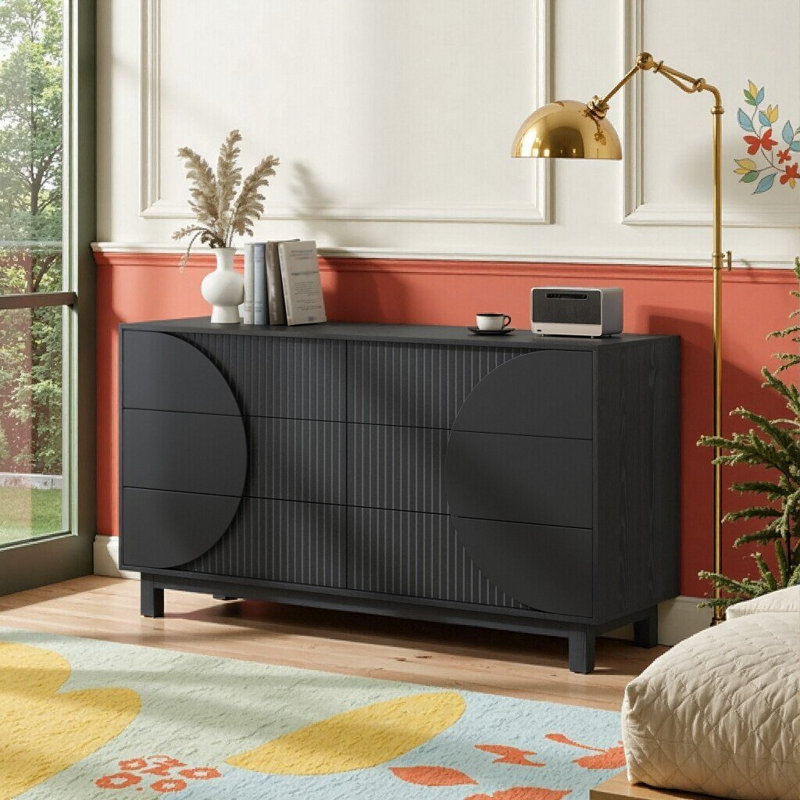 UnaLuz 6-Drawer Fluted Dresser With Solid Wood Legs, Spacious Storage Cabinet For Bedroom Or Living Room, Carbon Black