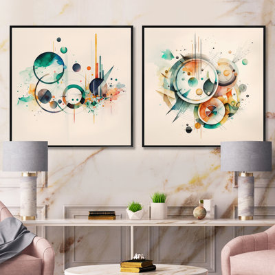 Multi-Color Watercolor Geometric Art II - Abstract Shapes Square Collage Set Of 2