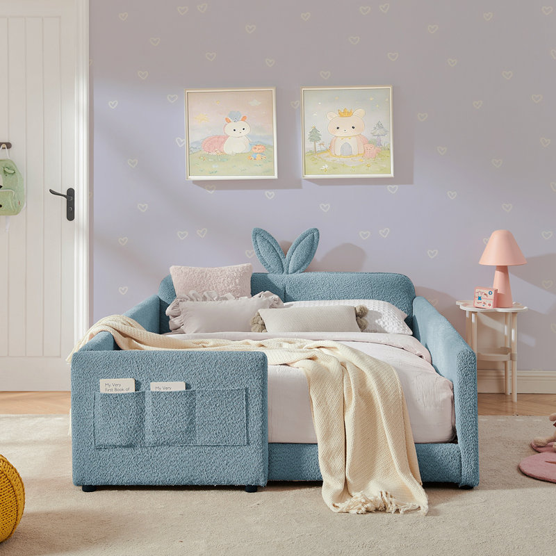 Full Size Upholstered Platform Bed With Cute Rabbit Ear Shaped Headboard, With Safety Rail And Pocket, Boucle Fabric, Sky Blue