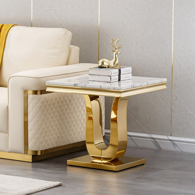 White Square End Table for Living Room Bedroom, Faux Marble End Table with Single U-Shaped Stainless Steel Base, Mid Century Modern Side Table Bed Side Table, Luxury Sofa Side Table