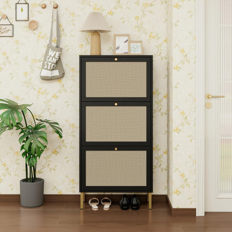 Modern Style Freestanding Shoe Storage Cabinet With Rattan 3 Door, Black
