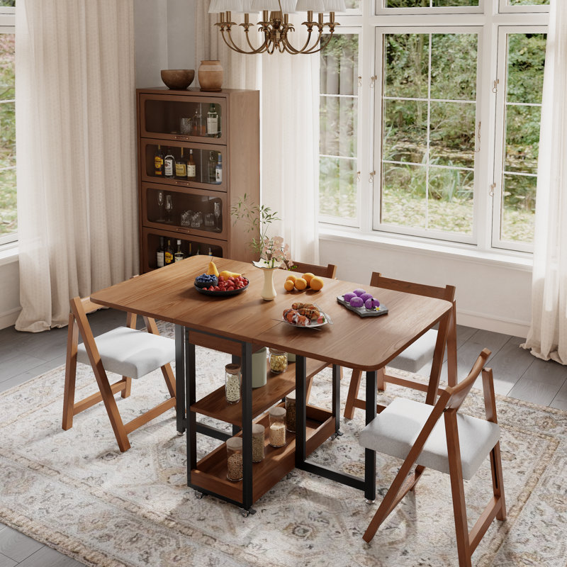 Foldable Dining Table with Storage Shelves, Space Saving Drop Leaf Table with Metal Frame for Kitchen and Small Spaces, Brown