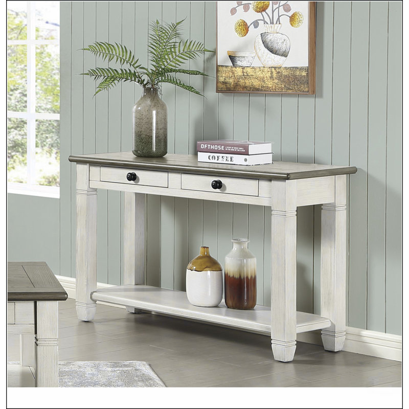 Rosy Brown and Antique White Finish 1pc Sofa Table with 2 Drawers Bottom Shelf Wooden