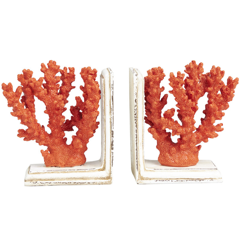 Polystone Textured Coral Decorative Orange Bookends with Cream Base Set