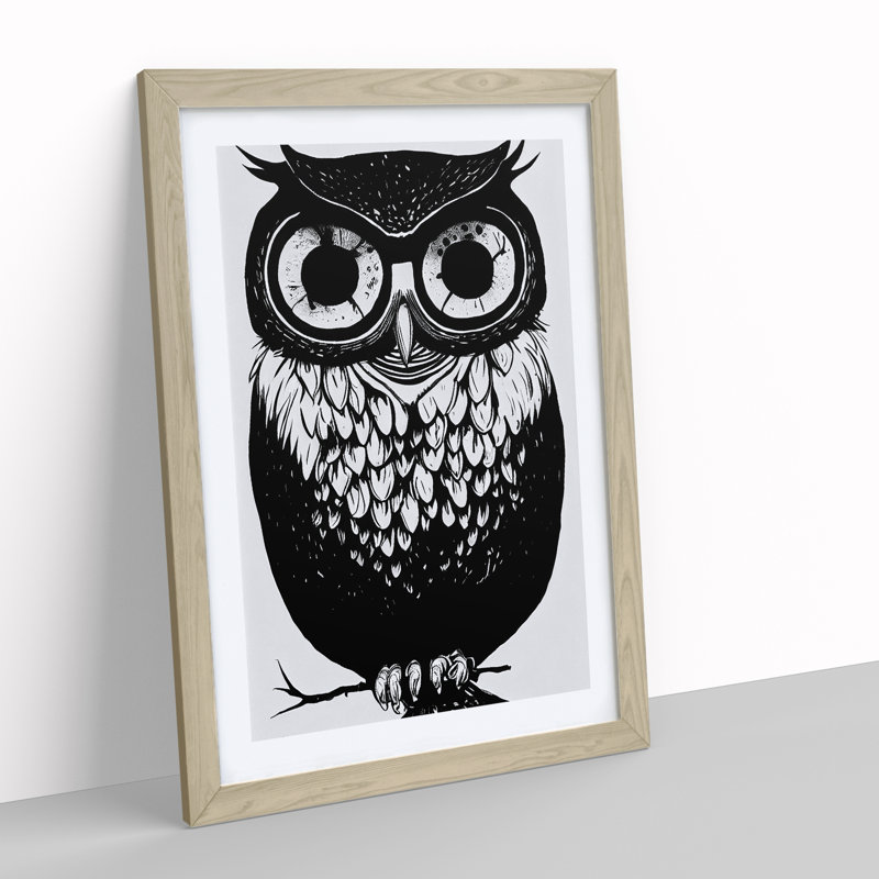 Owl Monochrome No.3 - Framed Print, 64cm H x 46cm W x 2cm D, Oak