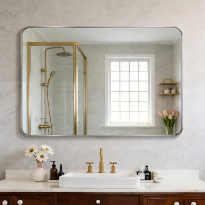 36In X 36In Inch Silver Metal Framed Square Bathrrom Mirror For Wall.