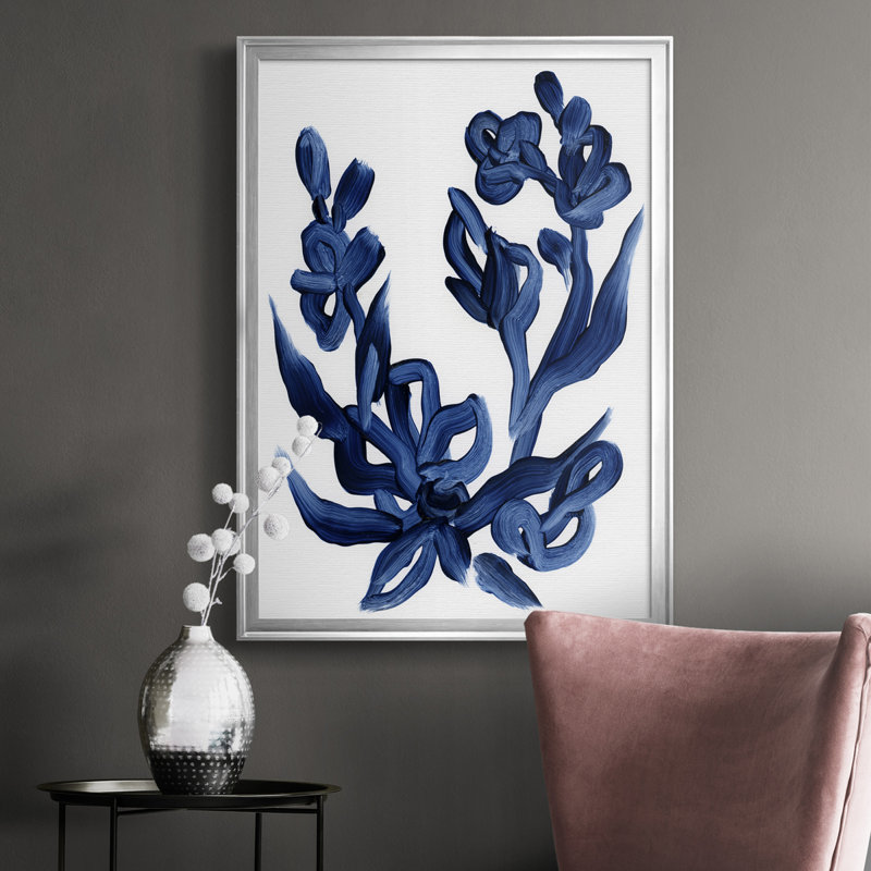 Indigo brossé Blooms I, toile encadrée de qualité supérieure - prête à être accrochée, H 24,5 po x l 18,5 po x P 1 po, Argent