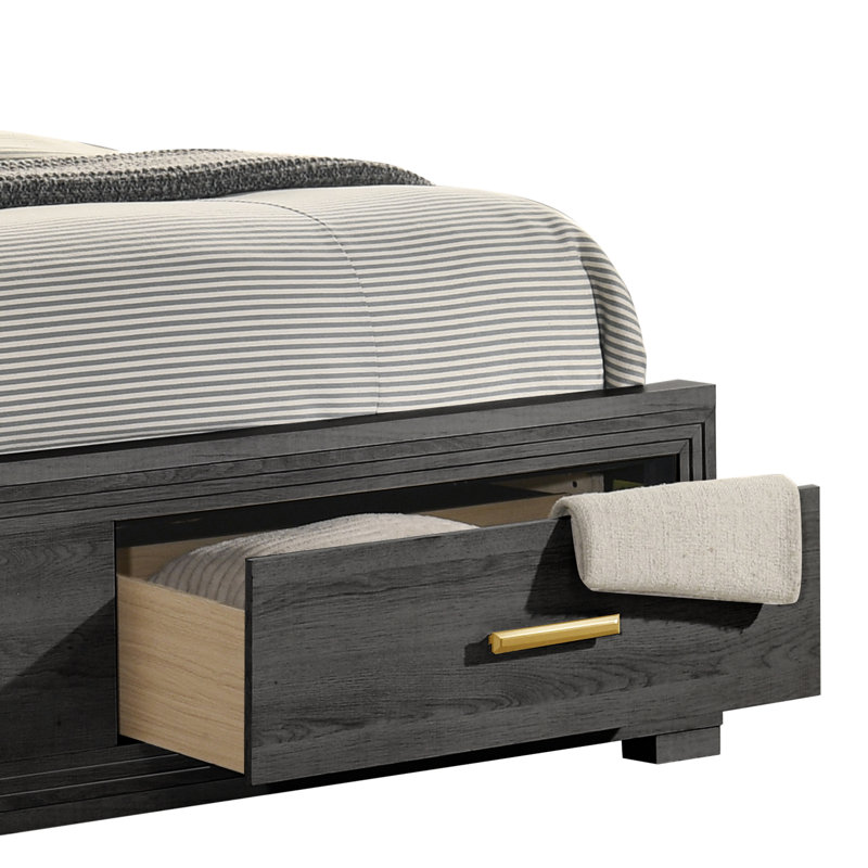 Lit plateforme tapissier à DEL Liora avec tête de lit éclairée, tiroirs de pied de lit et style contemporain, Très grand lit