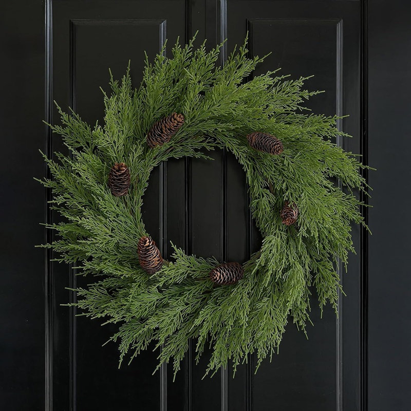 Couronne de Noël en cèdre véritable - vert - 20 à 22 pouces porte d'entrée artificielle, fenêtre et décor intérieur / extérieur des Fêtes