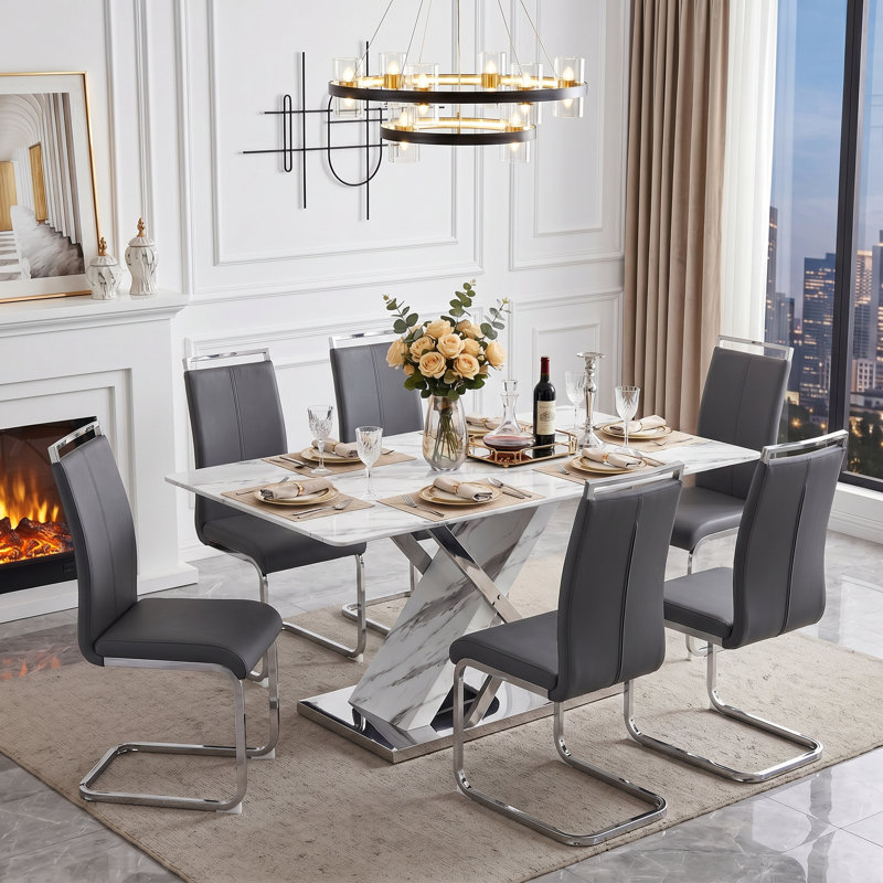 7-Piece Modern Rectangular Faux Marble Dining Set with Faux Leather Cantilever Chairs, Dark Gray