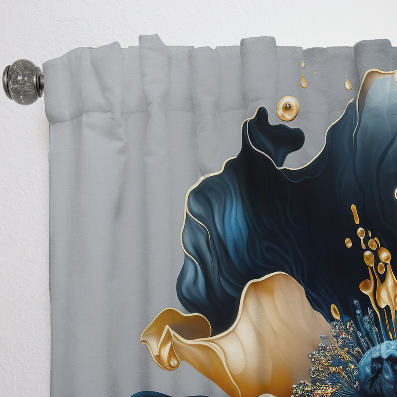 Rideau en velours fleuri bleu foncé et doré fleur simple II, L 52 po x L 63 po
