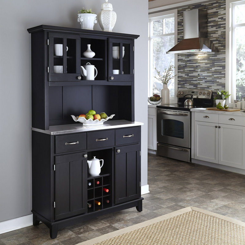 Sideboard with Bar Hutch, Cottage Oak, Black