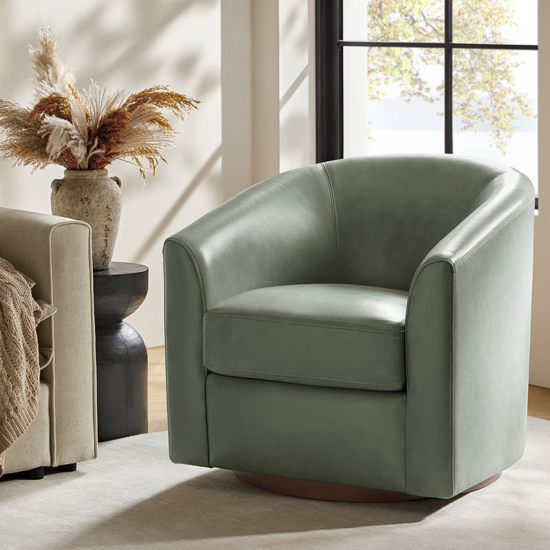 Amiir 30.5'' Wide Genuine Leather Swivel Barrel Chair with Solid Wood Base, Sage