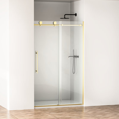 Porte de douche coulissante de 75 po de hauteur, 44 à 48 de large, verre trempé transparent de 5/16 po de 8 mm, revêtement Nano pour installation facile, porte de salle de bain en or brossé, film à l'épreuve de 8 mm, entretien facile,