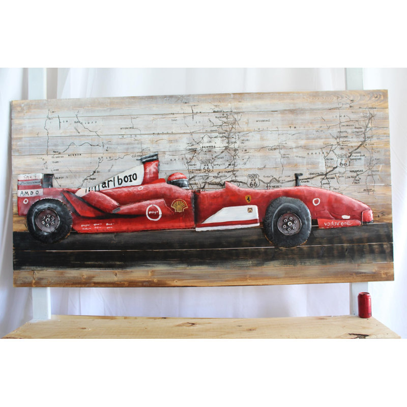 Voiture de course rouge inspirée de la Formule 1 en métal 3D sur bois 79 po x 2 po x H 40 po