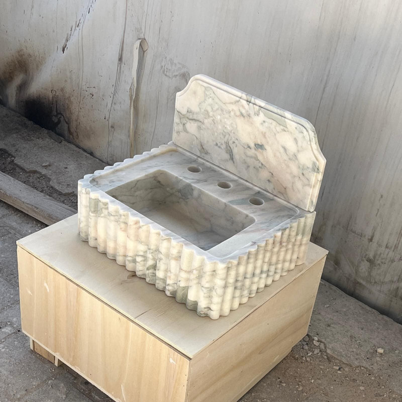 Lavabo en marbre cannelé sculpté à la main avec dosseret, meuble-lavabo en pierre naturelle