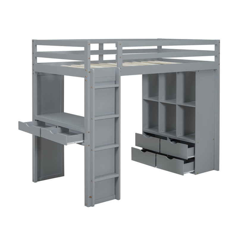 Lit mezzanine simple avec grandes tablettes, bureau et lumière DEL, gris, Lit simple, Gris