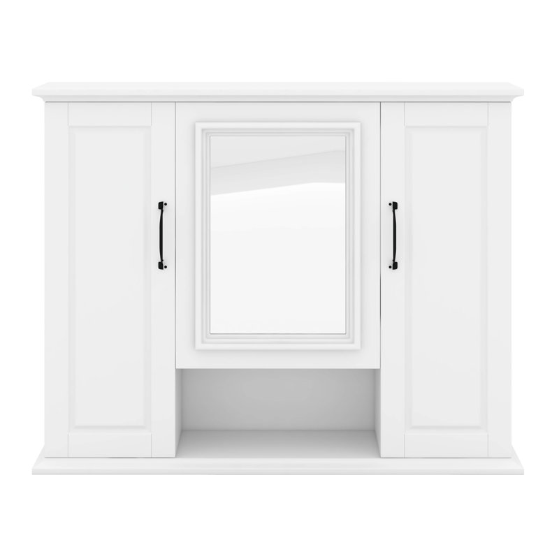Armoire de rangement murale 36 po, armoire à pharmacie murale avec tablettes ouvertes, armoire à miroir avec 3 portes, White